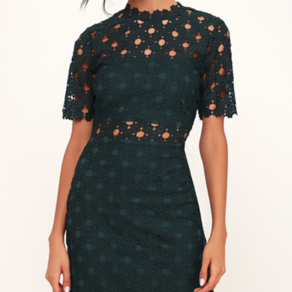 NWT Lulus Heartfelt Dark Teal Green Lace Bodycon Midi Dress - Size Small